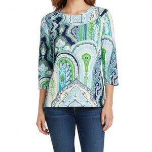 J. McLaughlin Catalina Cloth 3/4 Sleeve Paisley Top M Blue Green Like New